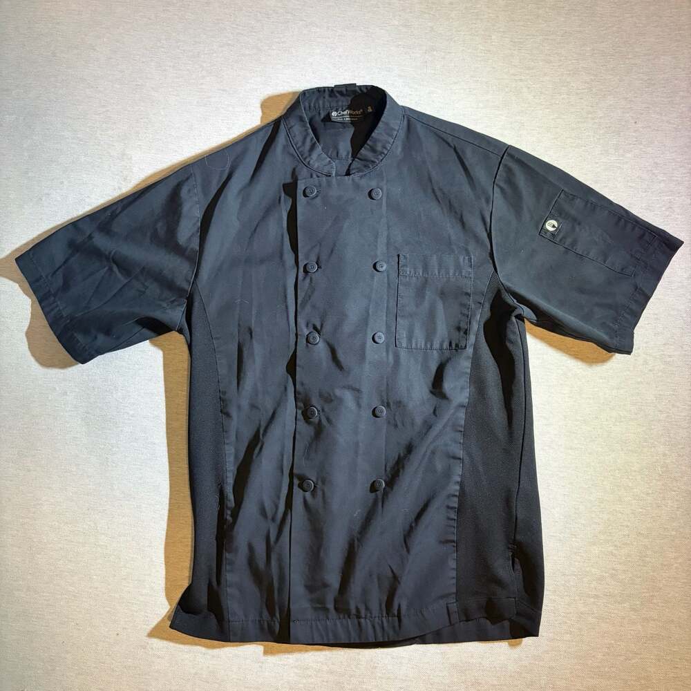 Chef Works Short Sleeve Double-Breasted Black Chef Coat with Mesh Side Panels